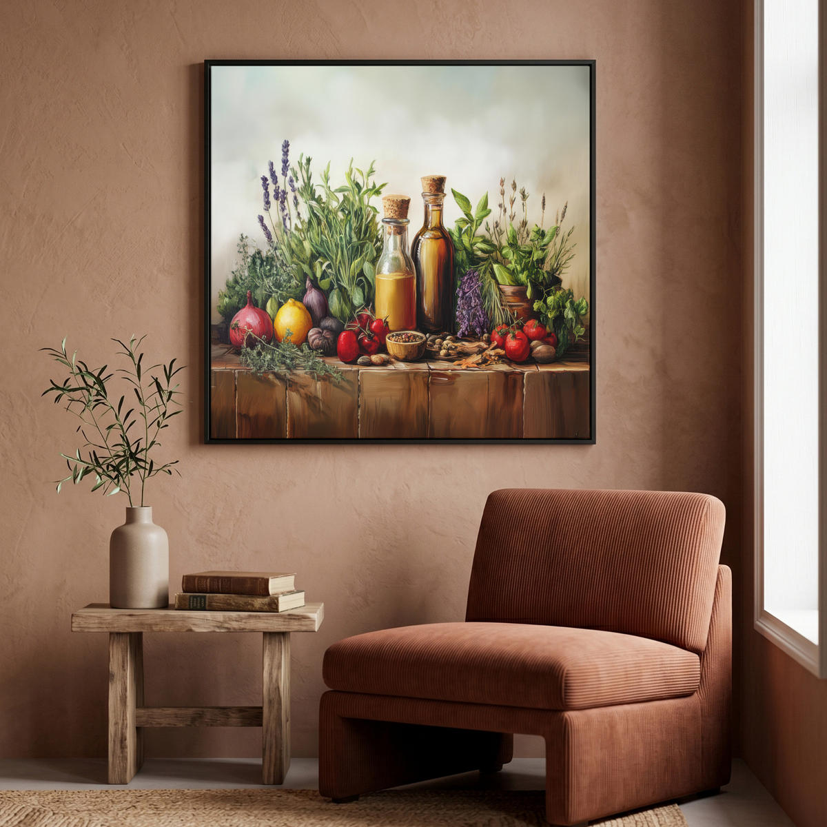 LEINWAND Bilder mit Rahmen - Stilleben - Kräuter - Gewürze - Früchte - Farbenfroh - 90x90 - Grün, Textil (90/90cm) - MuchoWow