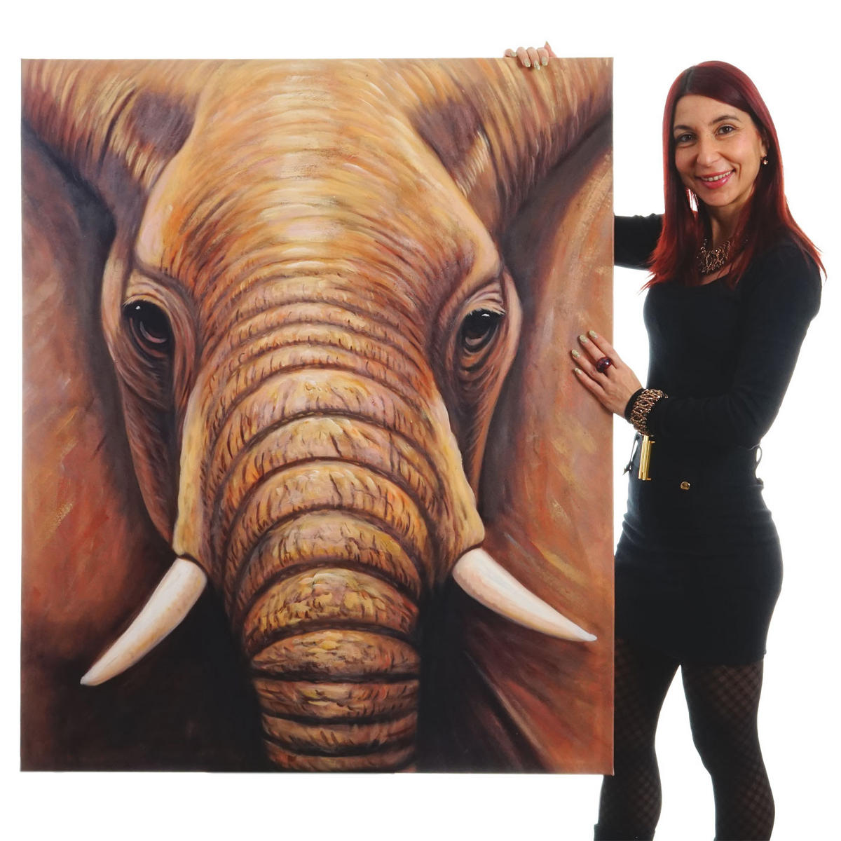 ÖLGEMÄLDE NAHAUFNAHME ELEFANT HANDGEMALT Mehrfarbig - Multicolor, Textil (100/120cm) - Jamb