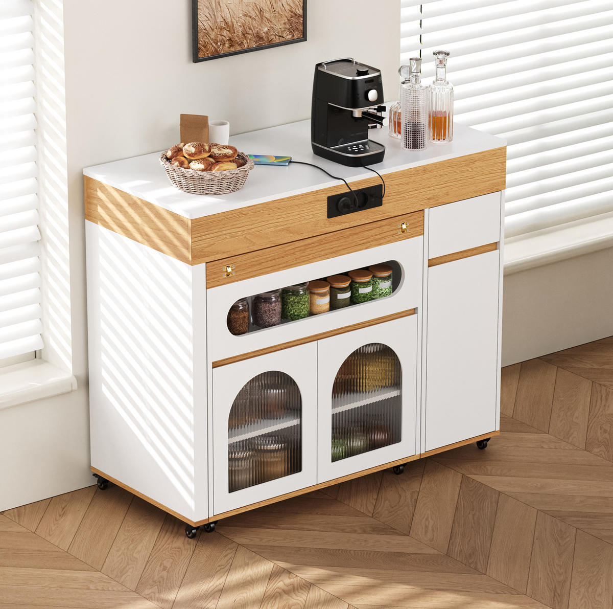 KÜCHENINSEL 50,5-187,5/110,5/95,5 cm aus MDF mit ausziehbarer Tischplatte und Steckdosenleiste Weiß/Natur - Weiß, Holzwerkstoff (110.5/95.5/50.5cm) - Modenvie