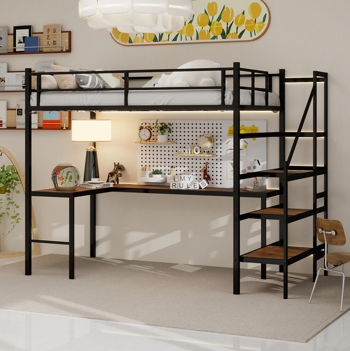 HOCHBETT 90/190 cm aus Eisen mit L-förmigem Schreibtisch und Stauraumtreppe Schwarz - Schwarz, Metall (90/190cm) - Modenvie