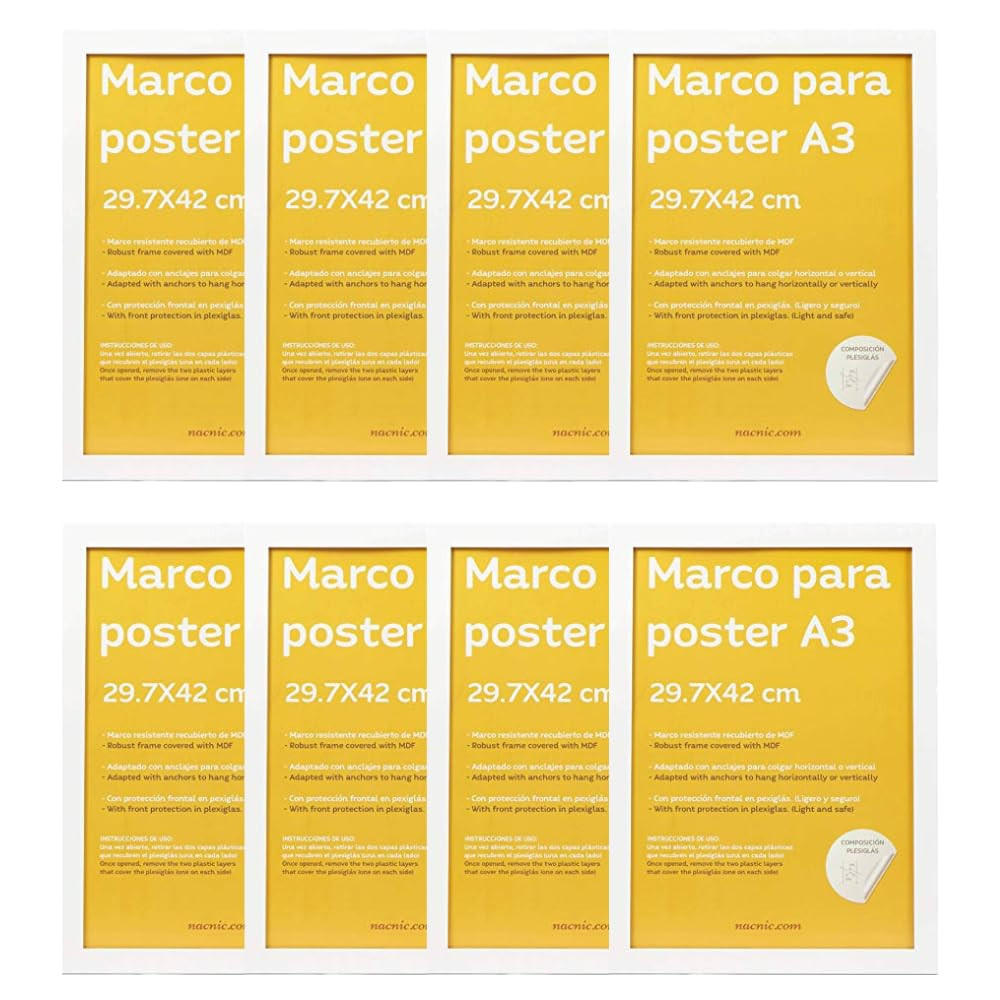 RAHMEN Set mit 8 aus MDF und Acrylglas Schutz und Aussteller für Fotografien, Bilder, Poster, Gemälde, Dekoration für Haus Farbe Weiß A3 - Weiß, Holz (29.7/3/42cm) - Nacnic