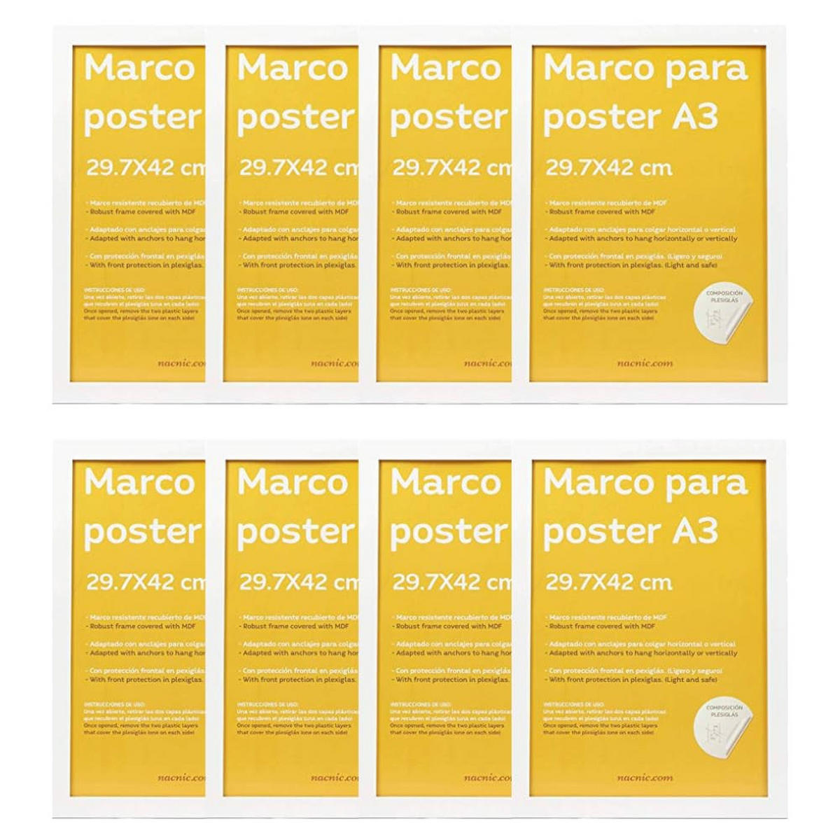 RAHMEN Set mit 8 aus MDF und Acrylglas Schutz und Aussteller für Fotografien, Bilder, Poster, Gemälde, Dekoration für Haus Farbe Weiß A3 - Weiß, Holz (29.7/3/42cm) - Nacnic