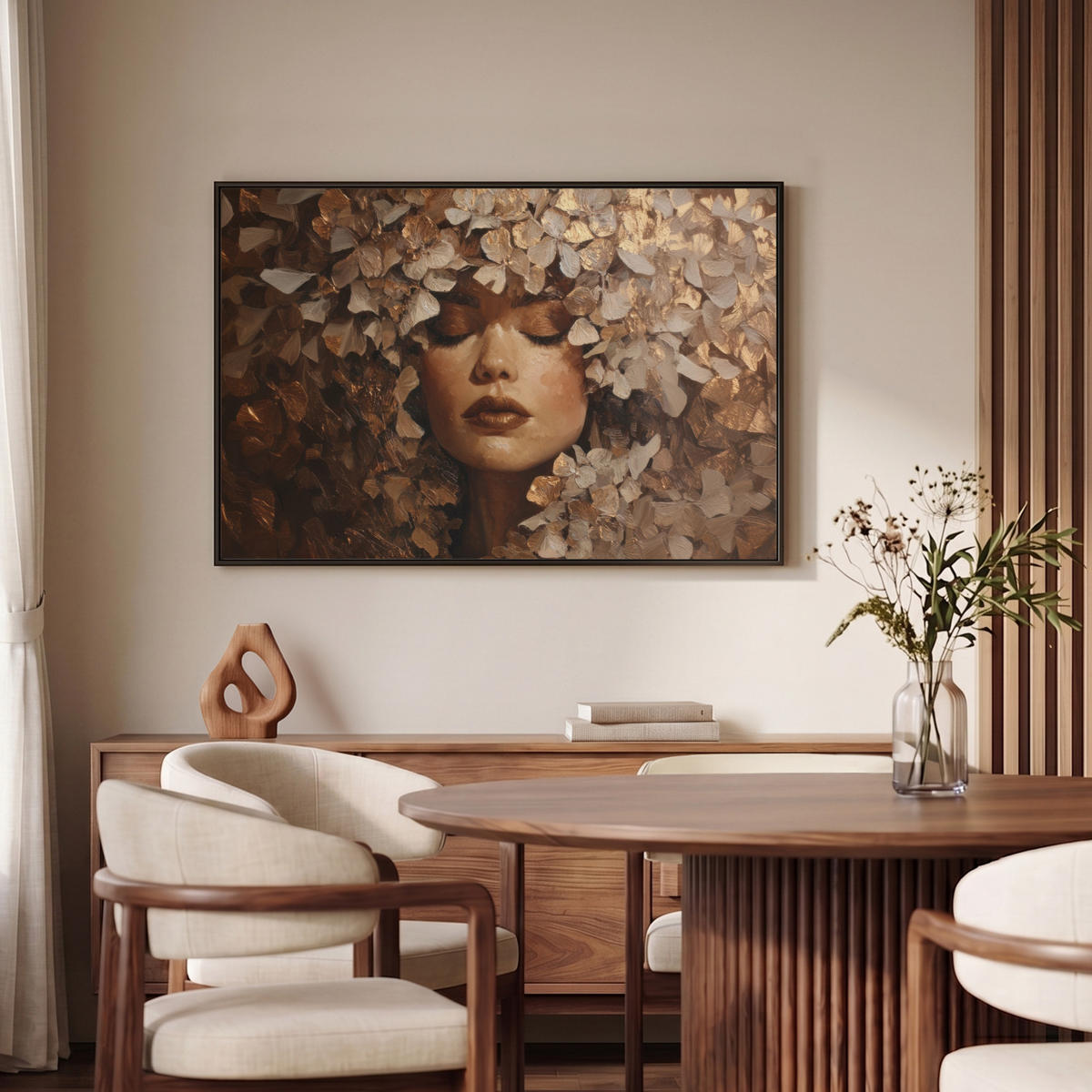 LEINWAND Bilder mit Rahmen - Gesicht - Dame - Blätter - Pinselstriche - 90x60 - Goldfarben, Textil (90/60cm) - MuchoWow