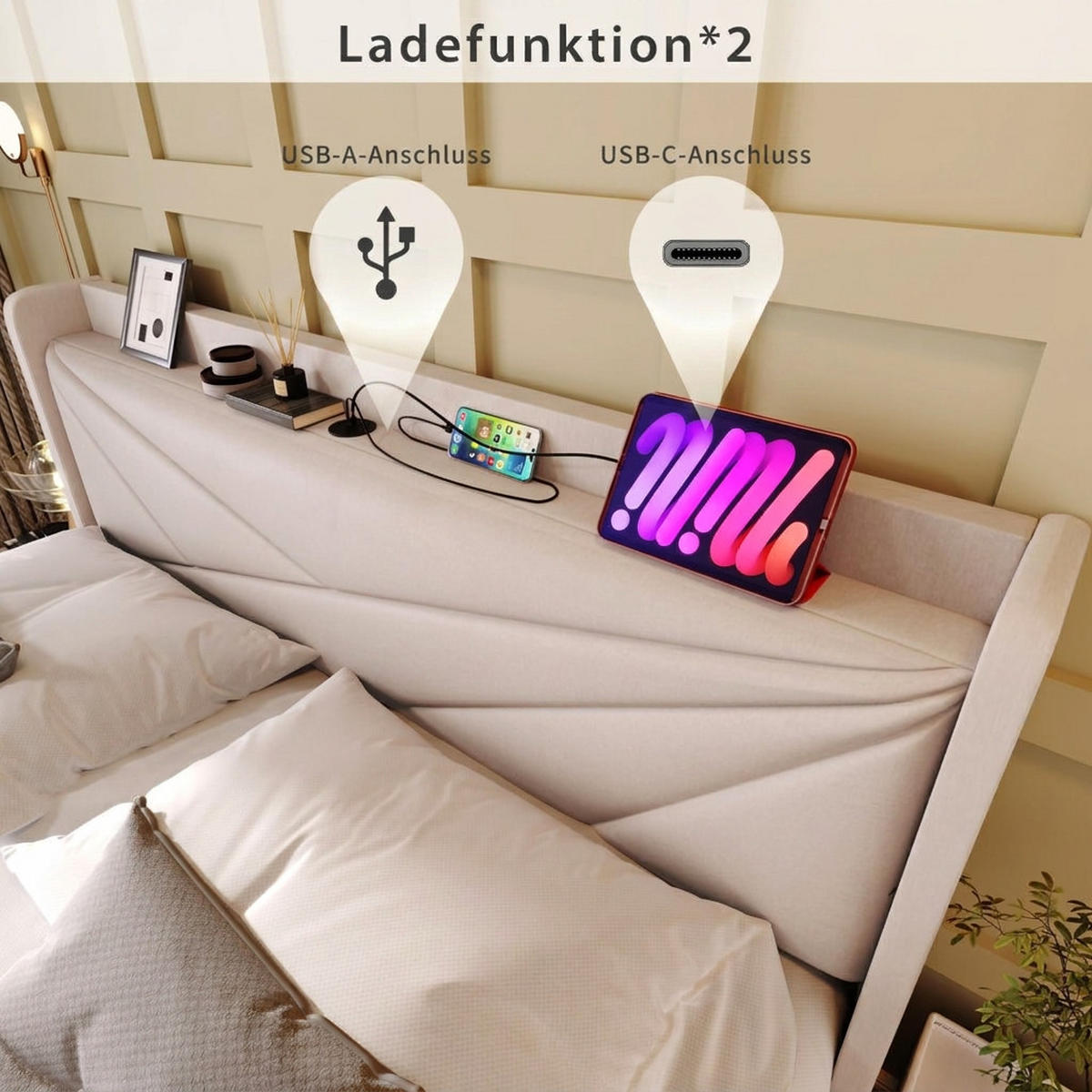 POLSTERBETT 90/200 cm Beige mit USB Typ C Ladefunktion und Stauraumbetten (Ohne Matratze) - Beige, Textil (90/200cm) - Oxeza