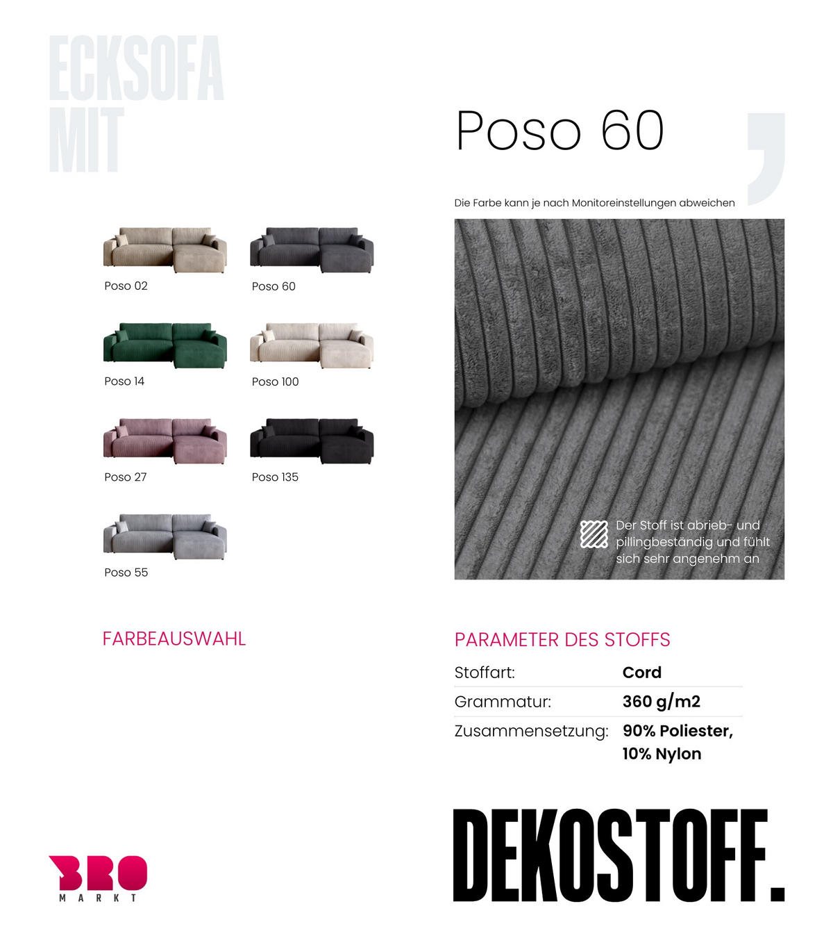 ECKSOFA PUMI XL mit Schlaffunktion Grau Cord - Grau, Textil (274/148cm) - Bromarkt
