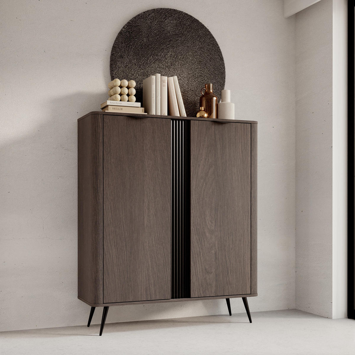 HIGHBOARD Terzo 2D Eiche Dunin mit Rillendekor - Schwarz Metallfüße - Eichefarben/Schwarz, Holz/Holzwerkstoff (113/134/38cm) - Ravio