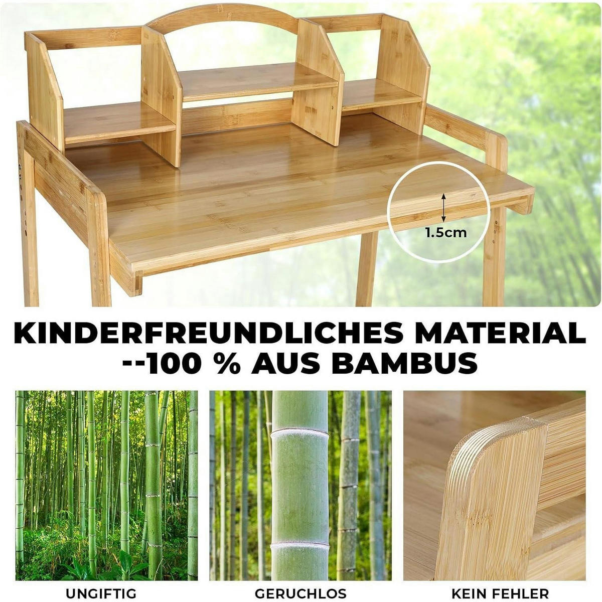 KINDERSCHREIBTISCH-SET Bambus höhenverstellbar mit Stuhl und Stauraum - Hellbraun, Naturmaterialien (80/95/50cm)