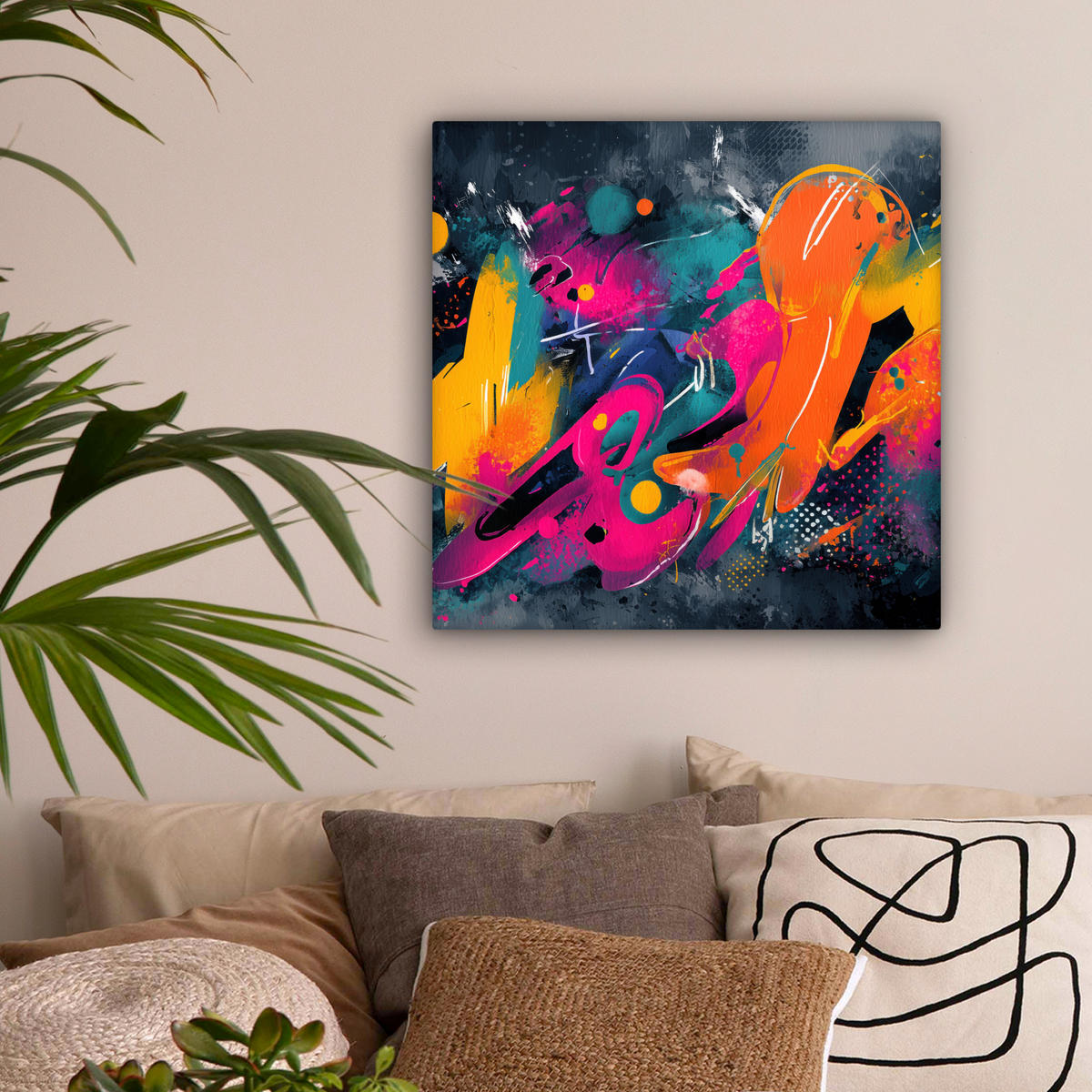 LEINWANDBILD Abstrakt - Graffiti - Farbenfroh - Farbspritzer Wandbild Wohnzimmer 50x50 cm - Multicolor, Textil (50/50cm) - MuchoWow