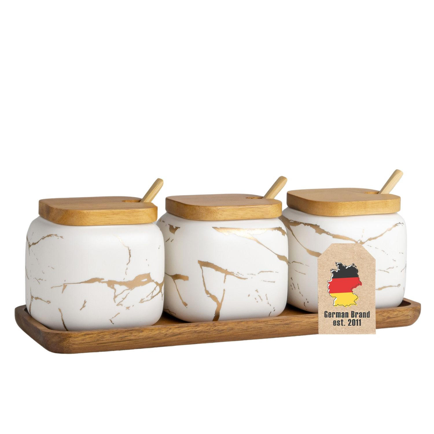 ZUCKERDOSE Vorratsdose mit Deckel Löffel Holztablett (3er-Set) - Weiß, Keramik (8.5/11.5cm) - Intirilife