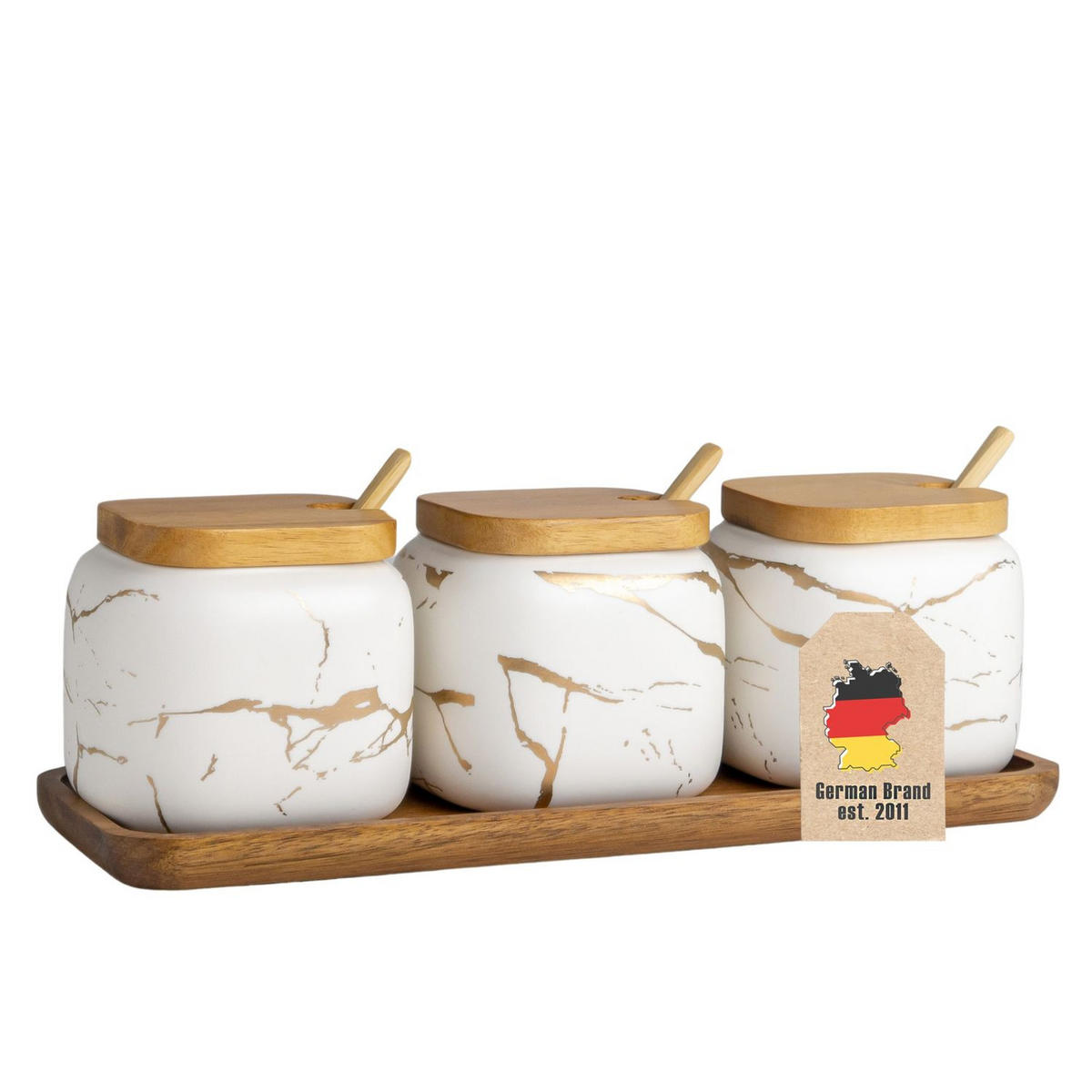 ZUCKERDOSE Vorratsdose mit Deckel Löffel Holztablett (3er-Set) - Weiß, Keramik (8.5/11.5cm) - Intirilife