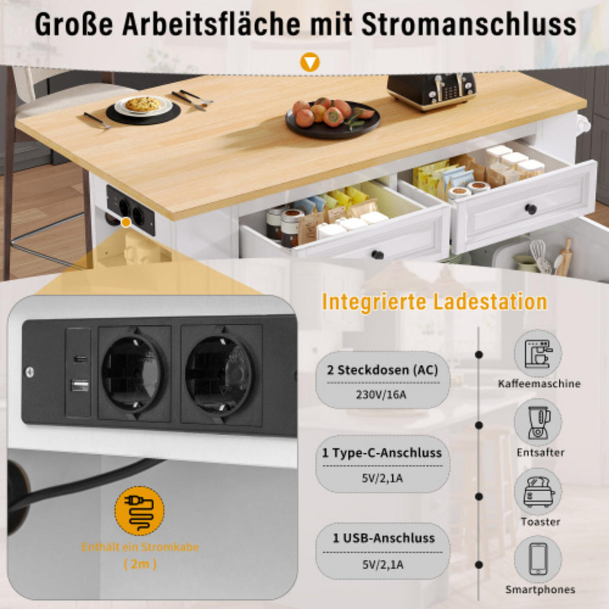 KÜCHENINSEL mit klappbarer Arbeitsplatte & Mülleimerfach weiß-natur 120×40-70×92 cm aus MDF - Weiß, Holzwerkstoff (120/92/70cm) - Luhomfu