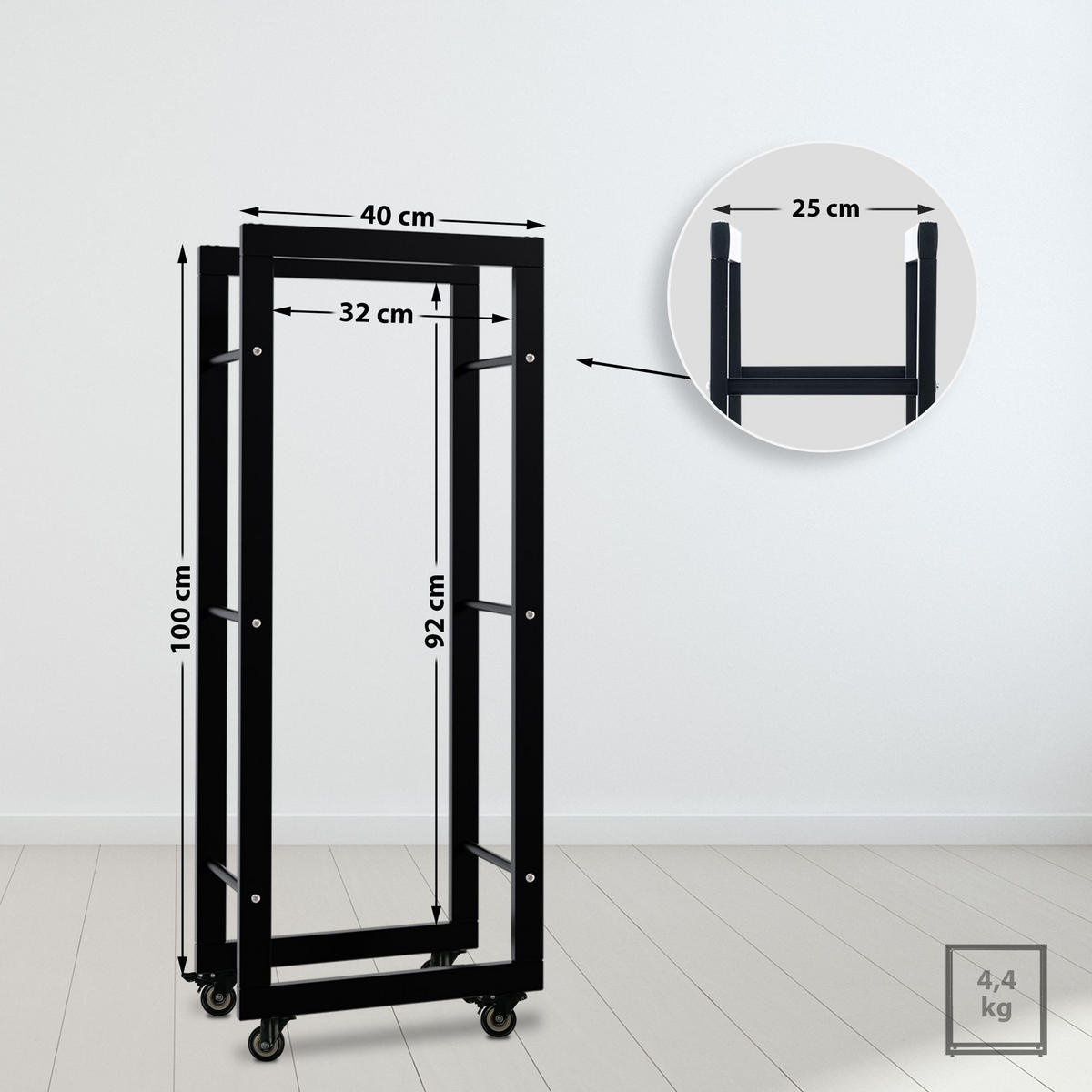 KAMINHOLZREGAL 40/25/100 cm Metall schwarz - Schwarz, Metall (40/100/25cm) - CLP