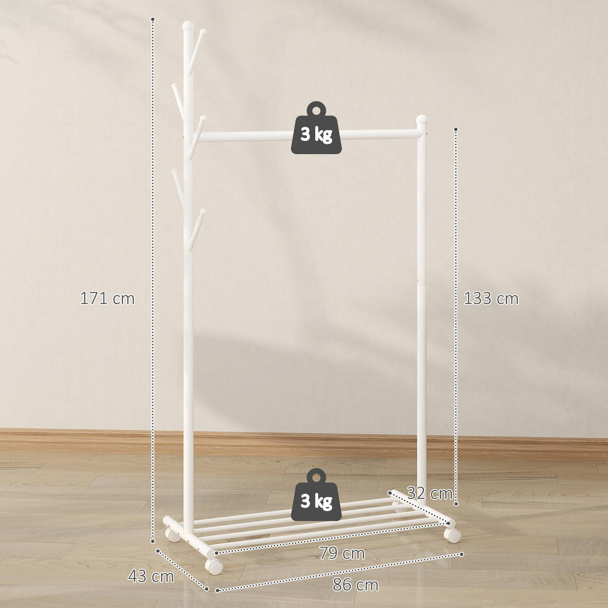 GARDEROBENSTÄNDER Weiß 43.0/86.0/171.0 cm - Weiß, Metall (86/171/43cm)