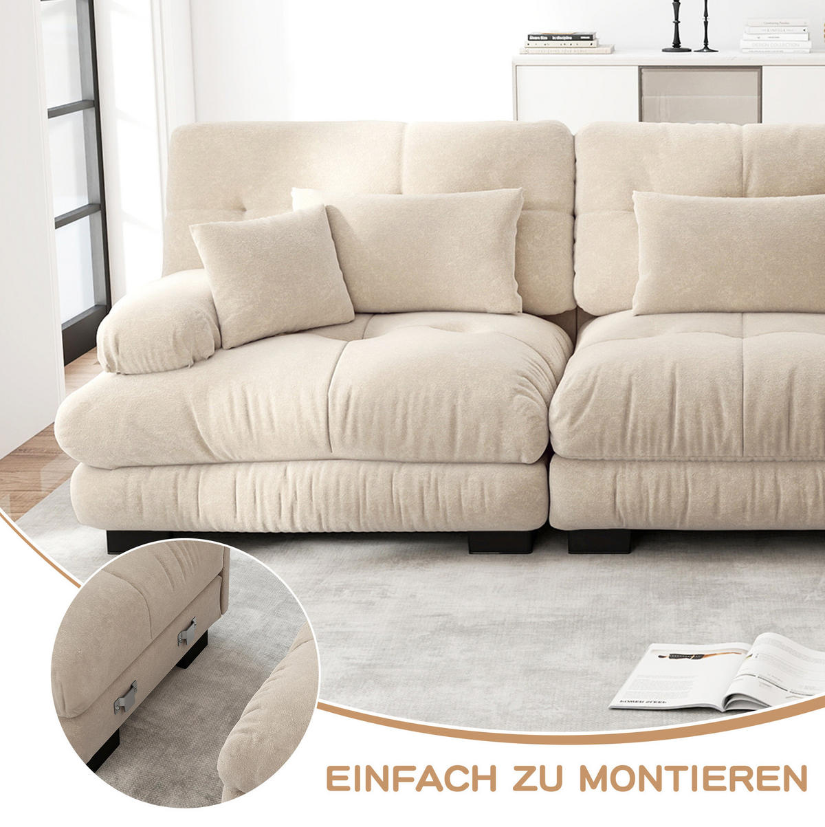ECKSOFA mit beweglichen Ottomane, tiefem Sitz und Chenille-Bezug, Hellbraun - Cappuccino, Textil (313/145cm) - Redom