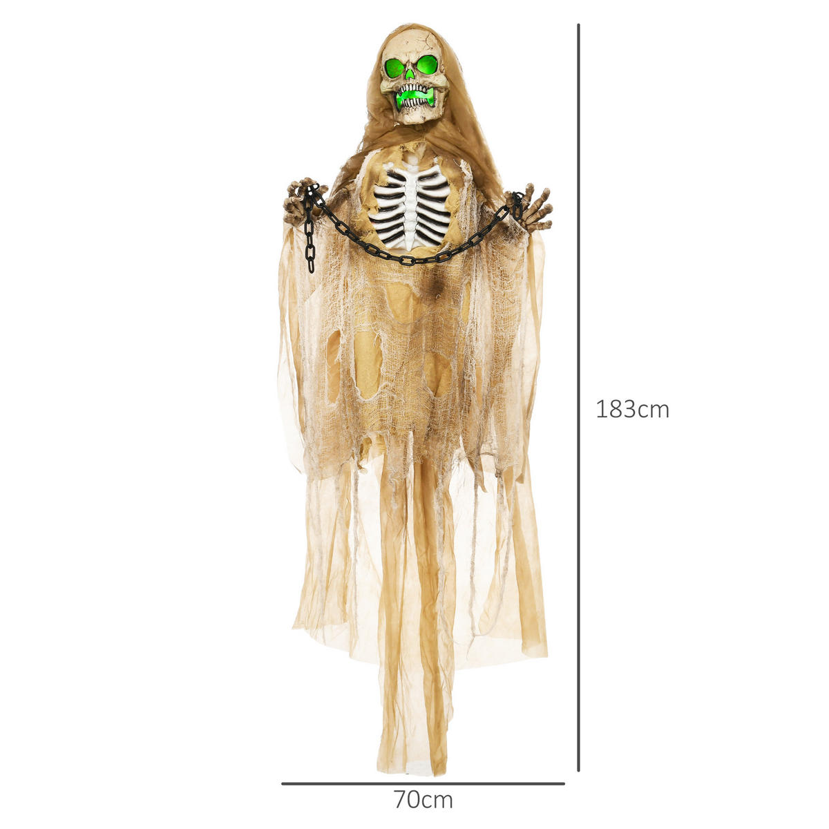 183CM Halloween Dekoration Hängendes Skelett mit LED-Lichter, Soundfunktion - Hellbraun, Kunststoff/Metall (18/183/70cm) - HOMCOM