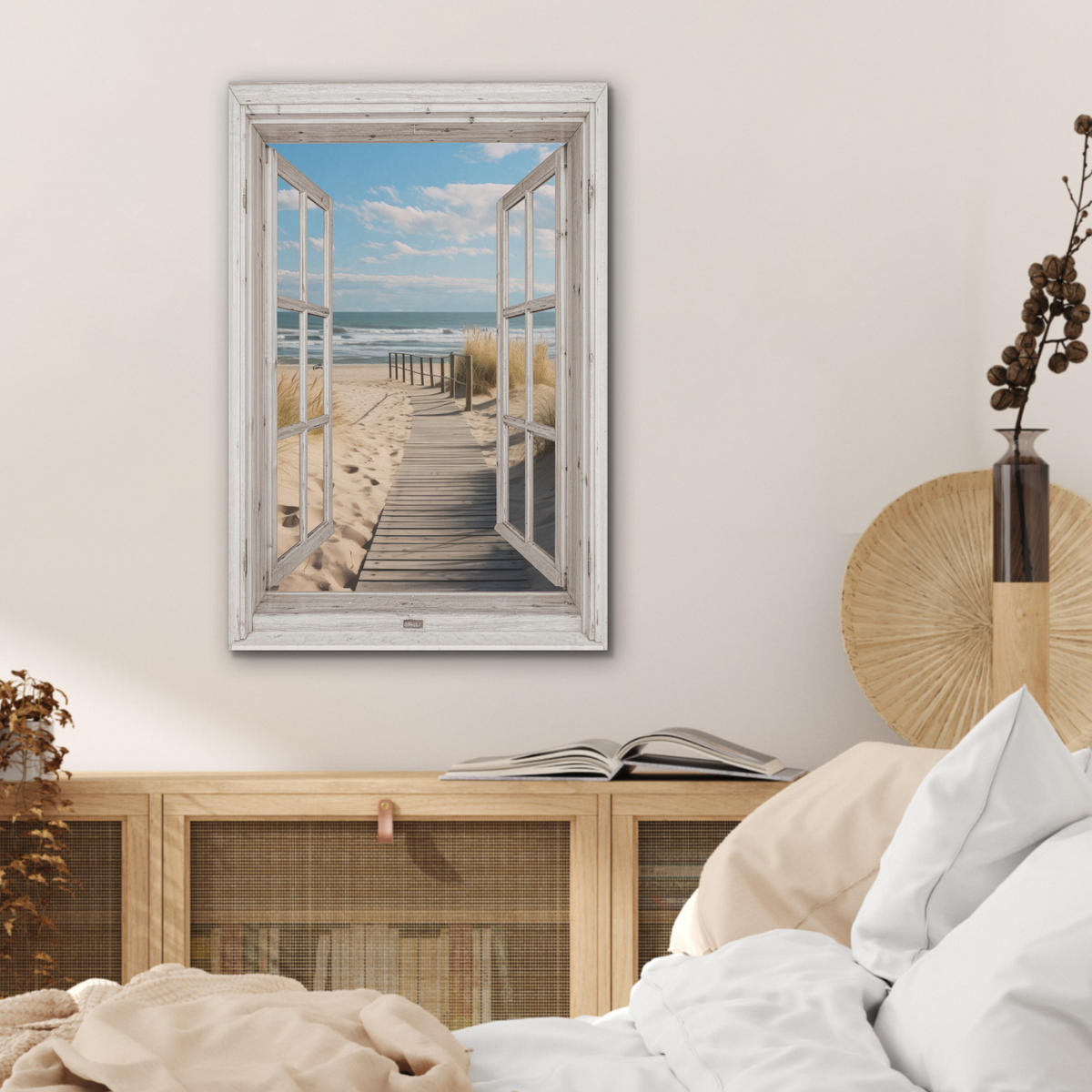 AKUSTIKBILD Fenster - Meer - Küste - Natur - Ausblick - Strand - Wattenmeer Kunstdruck Schlafzimmer 50x70 cm - Beige, Kunststoff (50/70/0.9cm) - MuchoWow