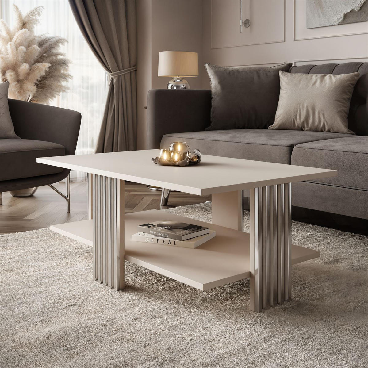 COUCHTISCH SAPHIRA SILVER mit Ablageboden, Kaschmir Matt - Kaschmir, Holzwerkstoff (60/100/40cm) - Lookway