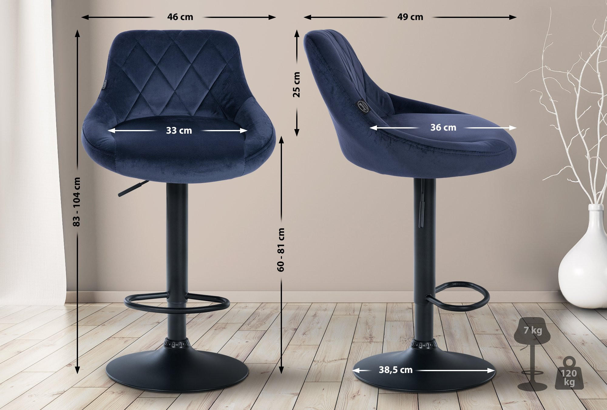 BARHOCKER Stoff blau - Blau/Schwarz, Textil/Metall (46/83/49cm) - CLP