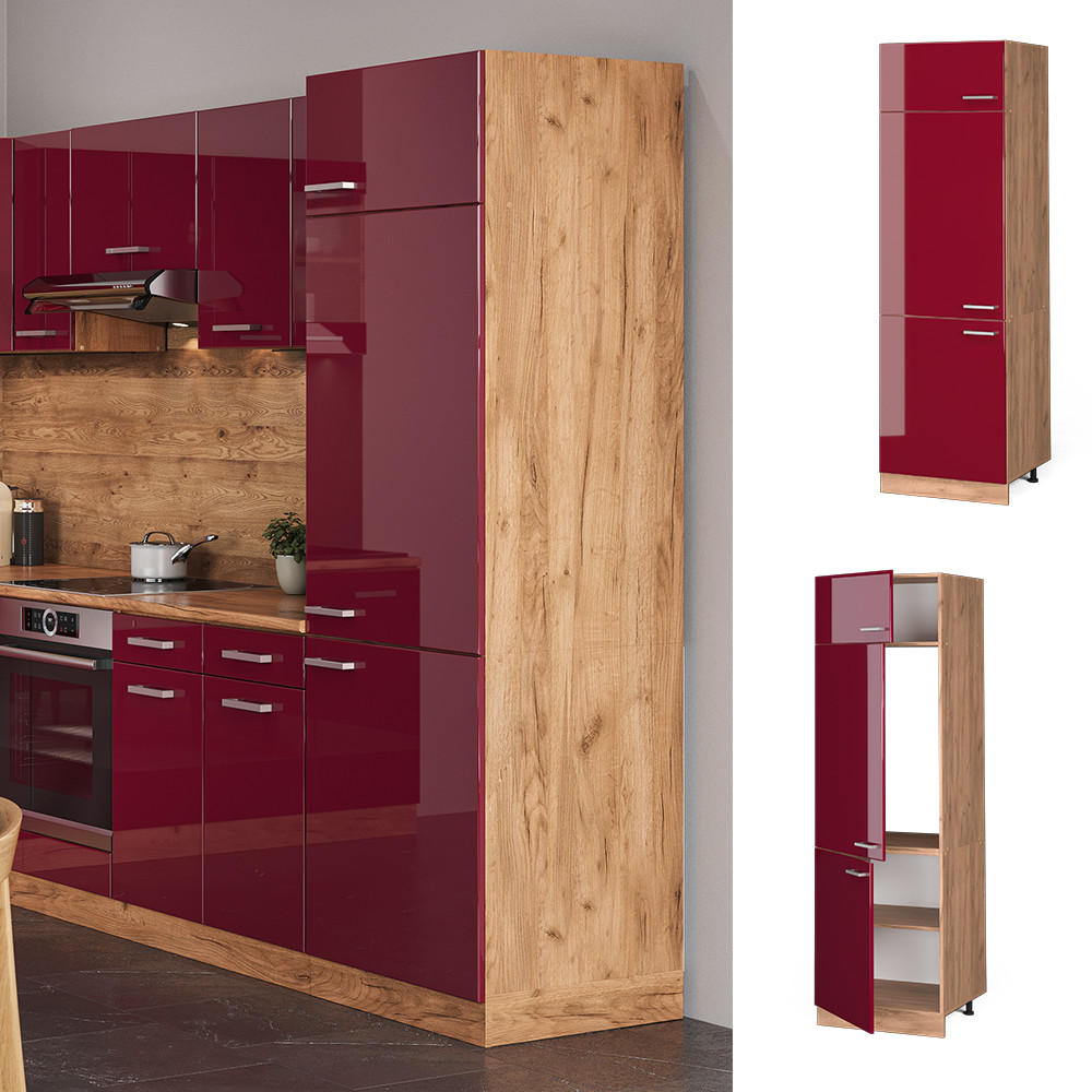 KÜHLUMBAUSCHRANK R-Line Rot Hochglanz 60 cm - Honigeiche/Bordeaux, Holzwerkstoff (60/206.8/57.2cm) - Vicco