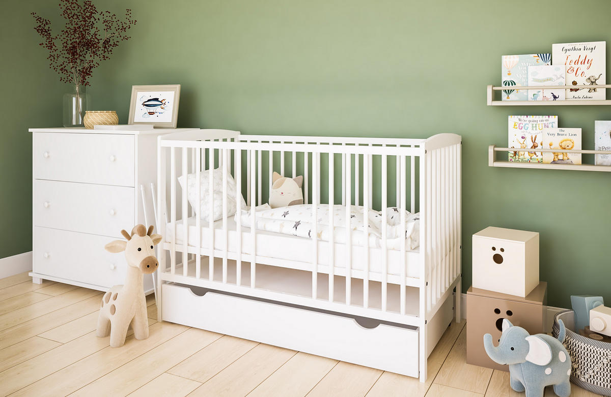 BABYBETT Elva 2in1 mit Matratze und Schublade - Weiß, Holz - kiki design