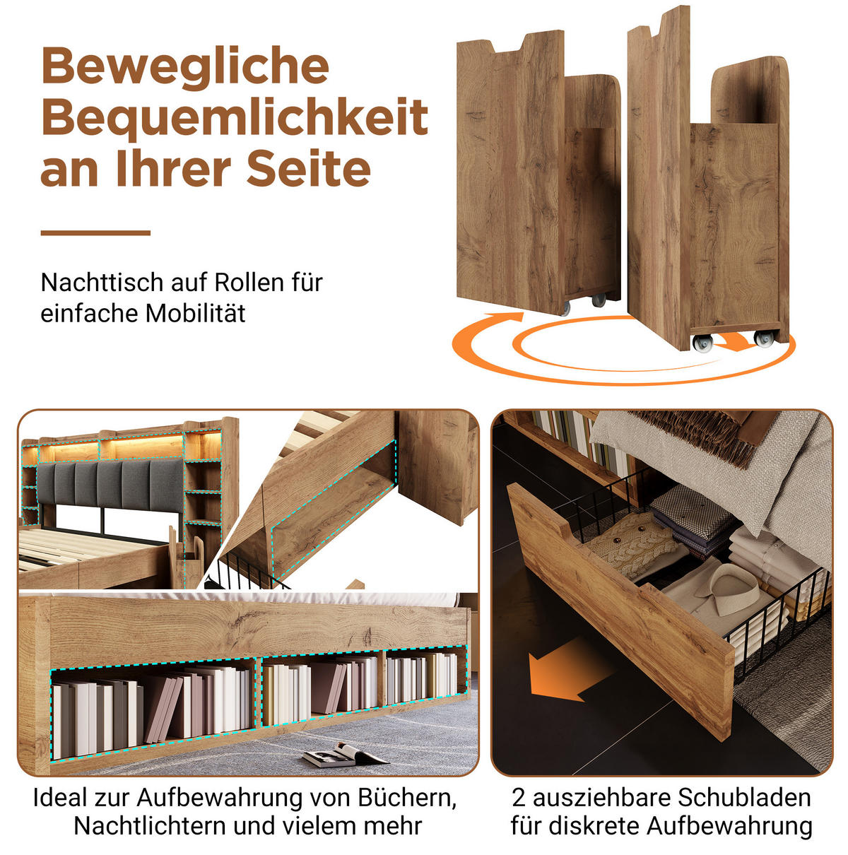 POLSTERBETT 180/200 cm Eichefarben mit LED-Beleuchtung,Anschlüssen, Stauraum und Rollschubladen - Naturfarben, Holz (180/200cm) - OKMYHOME