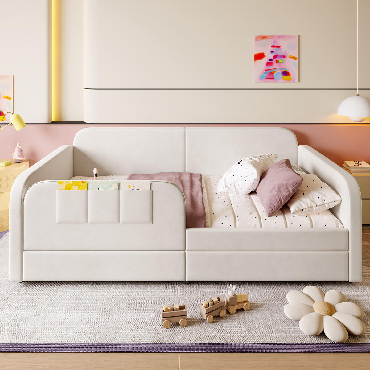 POLSTERBETT 90/200 cm Weiß mit Stauraum und erhöhtem Zaunbrett aus Samt - Weiß, Textil (90/200cm) - OKWISH