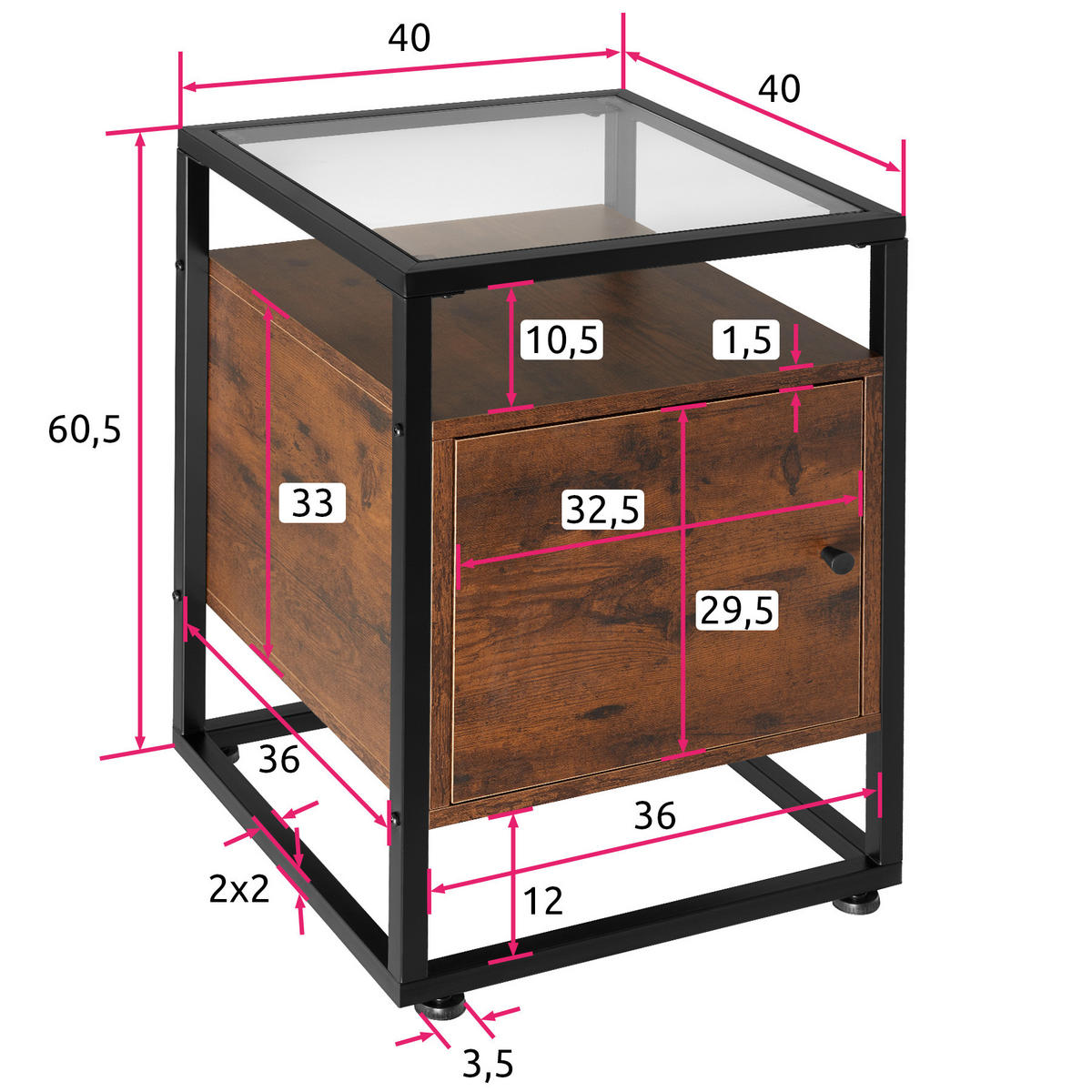 NACHTSCHRANK Dudley,40 x 43 x 60,5 cm,Industrial Holz dunkel, rustikal - Rostfarben, Holzwerkstoff (40/60.5/43cm) - tectake