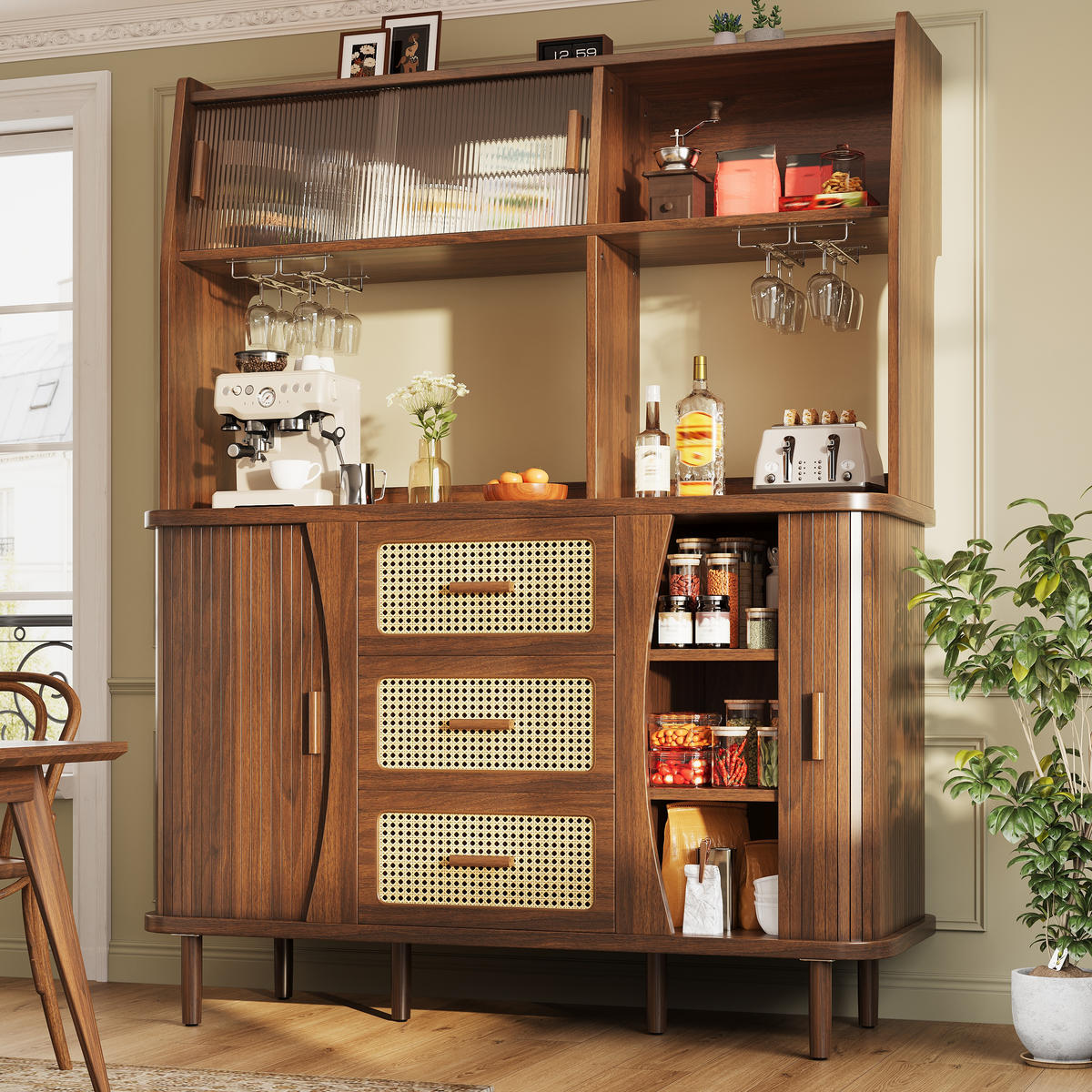 BUFFETSCHRANK Rattanoptik Glas Schiebetür Nussbaum Stauraum - Walnussfarben, Metall (140/174.5/40.5cm) - FLIEKS