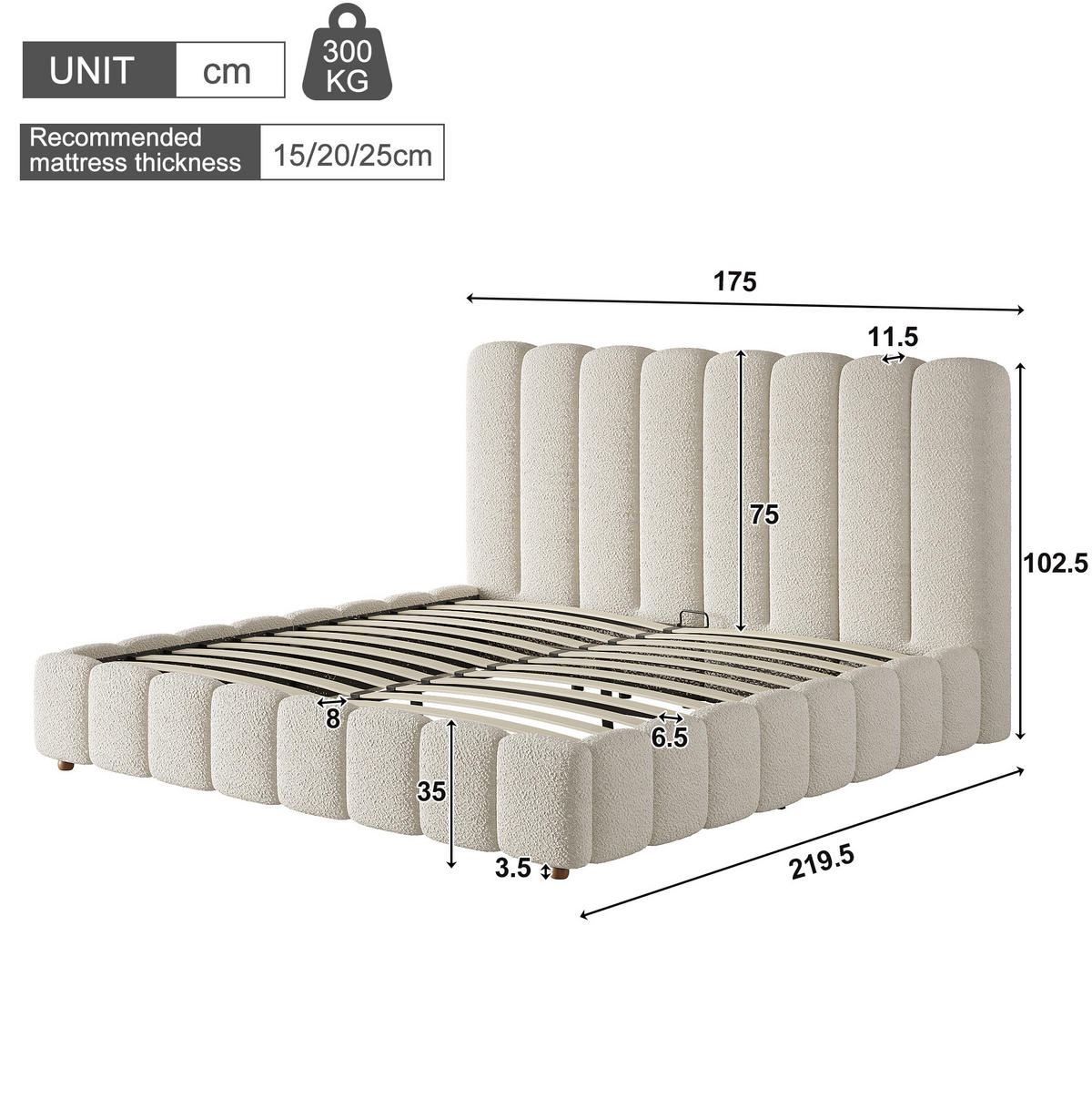 BETT mit Bettkasten Bouclé Weiß - Weiß, Metall (160/200cm) - Meubliv