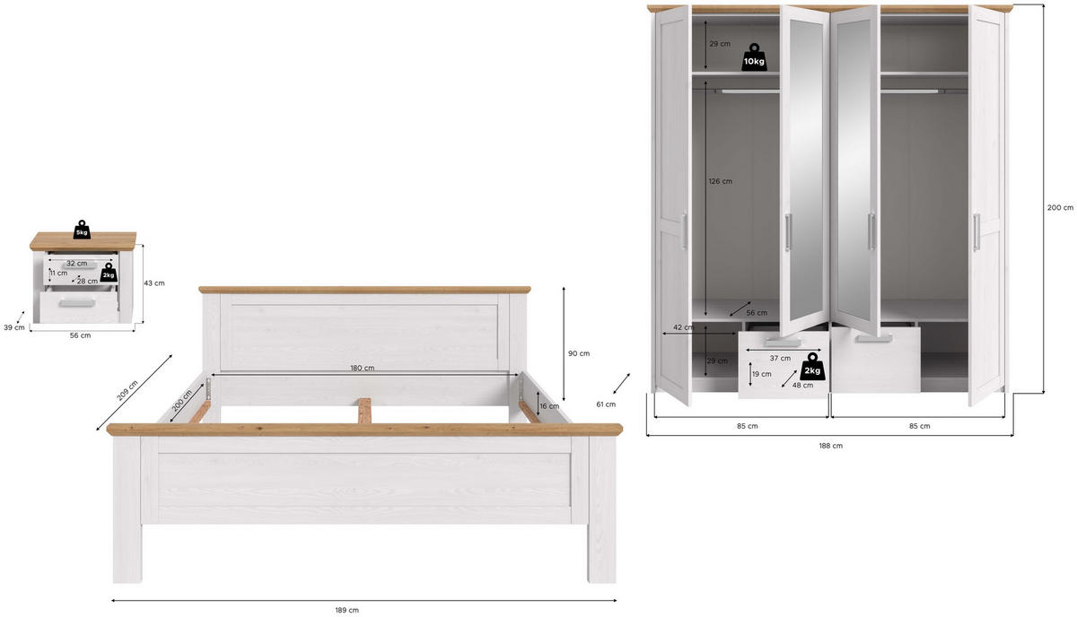 BETTANLAGE Verona Sibiu Lärche Nachbildung 3-tlg. - Lärchefarben, Holzwerkstoff - Xonox