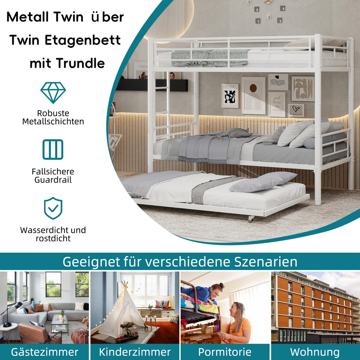 ETAGENBETT Metall Grau 90x200 cm 2-tlg. - Weiß, Metall (90/200cm) - ComfortXL