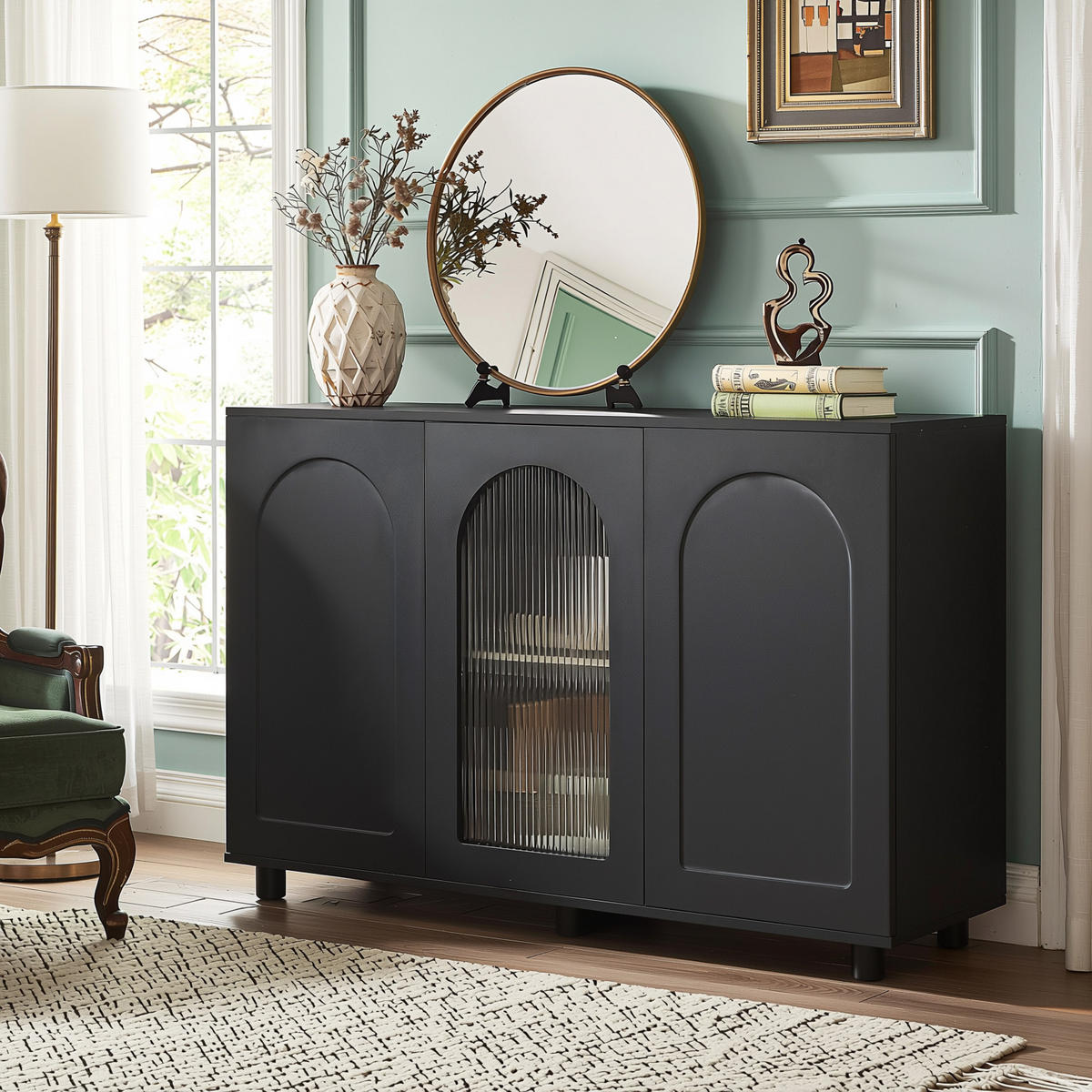 SIDEBOARD 120 cm Schwarz MDF mit Glastür, Push-to-Open und verstellbaren Regalen - Schwarz, Holzwerkstoff (120/78.5/40cm) - Urban Meuble