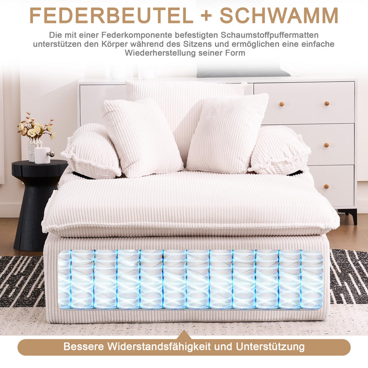 RELAXSOFA Cordstoff mit breiten Armlehnen 177/122/92 cm Weiß - Weiß, Textil (122/92/177cm) - Redom