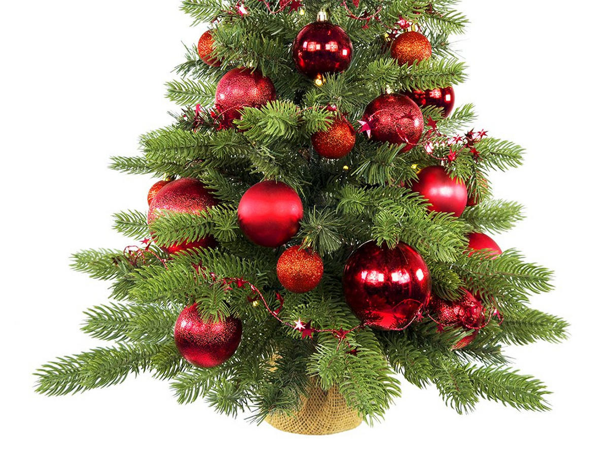 WEIHNACHTSBAUM künstlicher 60 cm mit LED-Beleuchtung, ROTEWEIHNACHTEN II, mit 34 Weihnachtsbaumschmuck, Pflanztopf mit Jutesack - Rot/Grün, Kunststoff/Stein (40/60cm) - LAALU