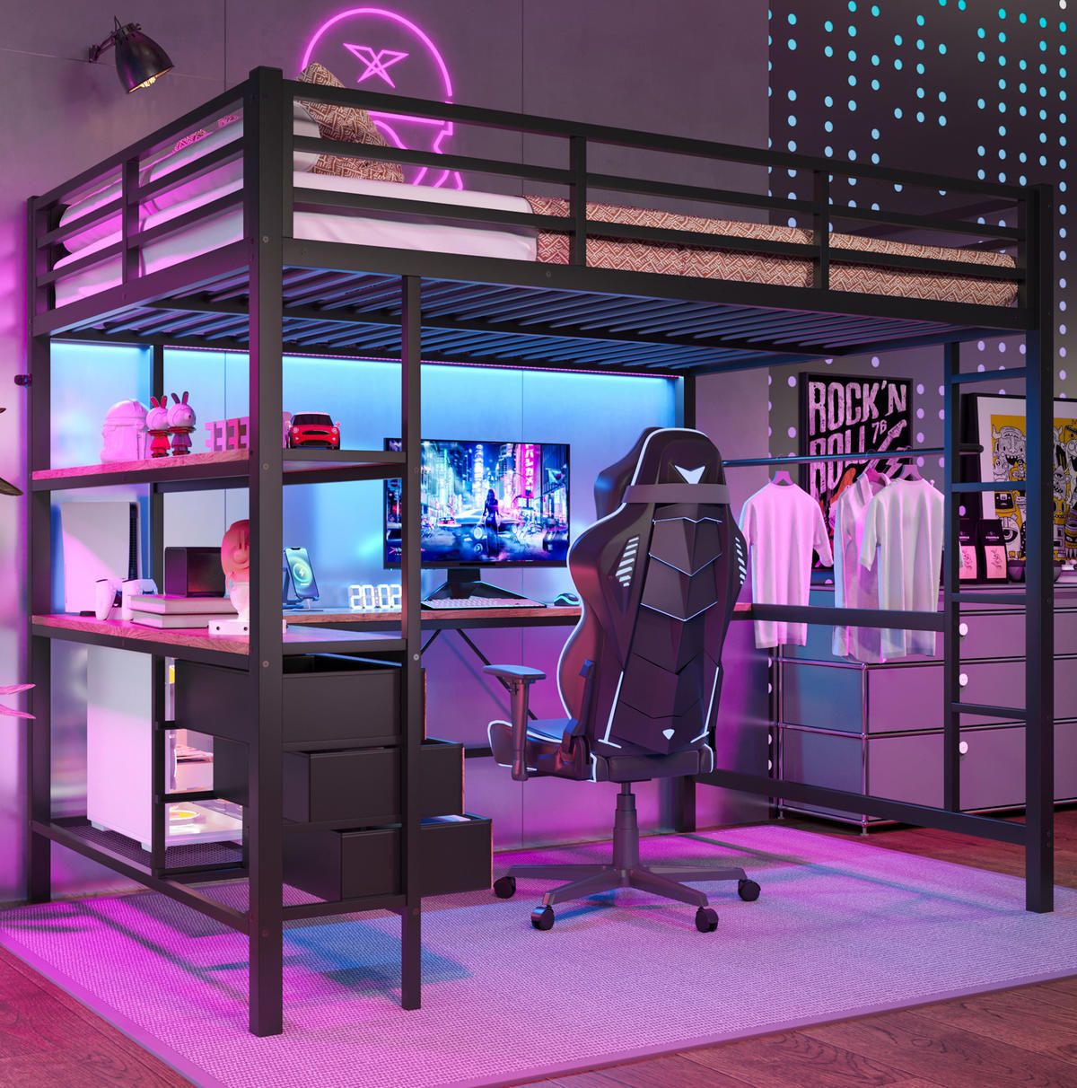 HOCHBETT 140/200 cm Schwarz aus Metall und MDF mit Schreibtisch und LED-Beleuchtung - Schwarz, Metall (140/200cm) - OKMYHOME