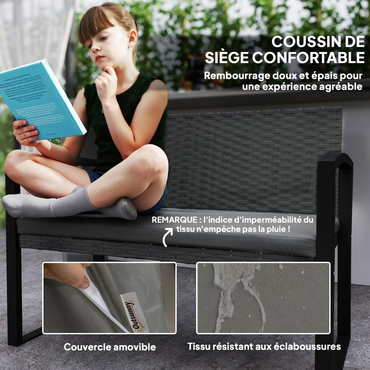 GARTENBANK 2-Sitzer DE-13681 mit Polsterkissen Grau & Schwarz - Grau, Kunststoff/Metall (103/78/58cm) - ComfortXL