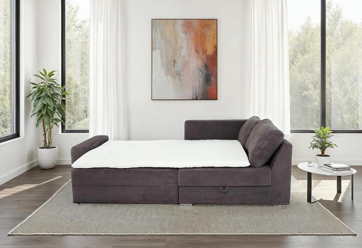ECKSOFA-DAUERSCHLÄFER Boxspring Federkern Topper Bettkasten, seitenverkehrt montierbar B260/T181/H88 cm, Cord Grau Anthrazit / 15233 - Chromfarben/Schieferfarben, Textil/Metall (260/181cm) - luma-home