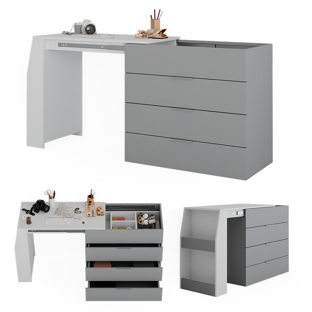 BASTELTISCH Iva Grau 95.5 x 80 cm ausklappbar, 4 Schubladen - Grau, Holzwerkstoff (47/95.5/80cm) - Vicco