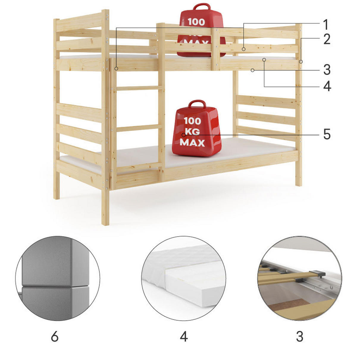 ETAGENBETT ERYK 90/200 cm aus massivem Kiefernholz, ohne Matratzen - Kiefer Milford, Holz - Interbeds