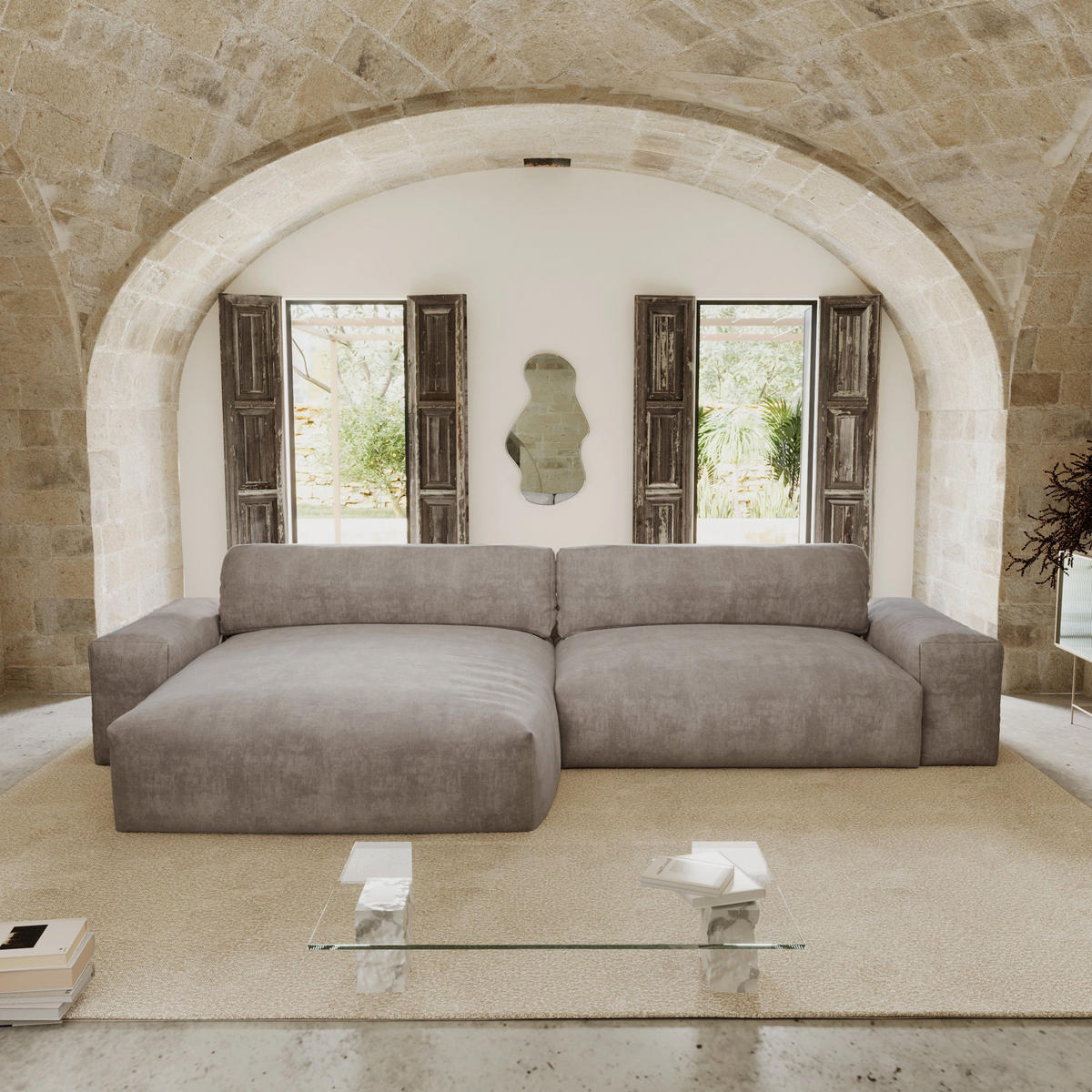 ECKSOFA LINKS Samt Taupe 310cm - Taupe, Textil (174/310cm) - Sia Home