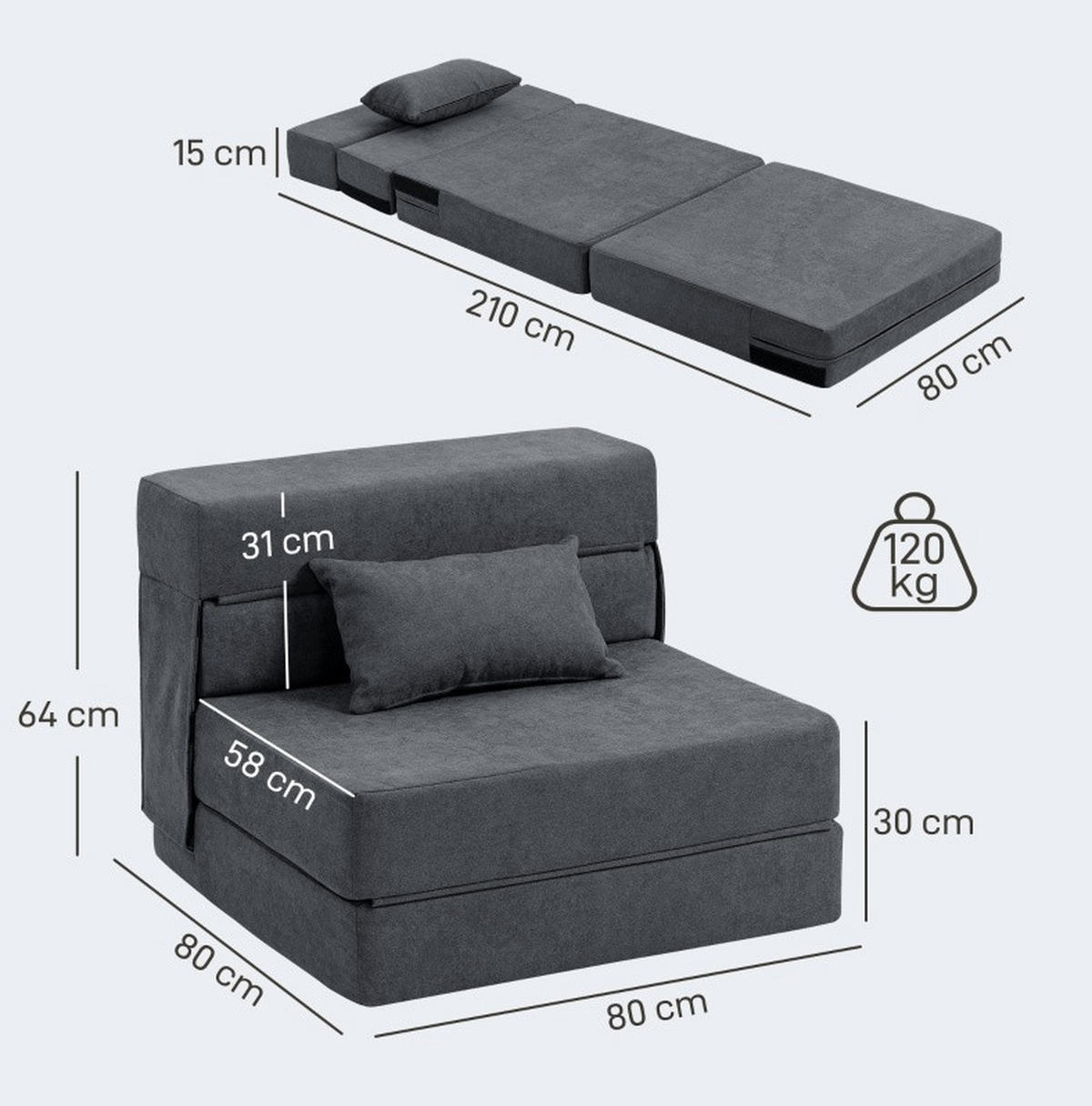 SCHLAFSESSEL 80/80/64 cm mit Liegefläche 80/210 cm – klappbar & platzsparend - Dunkelgrau, Textil (80/64/80cm) - BEAOK