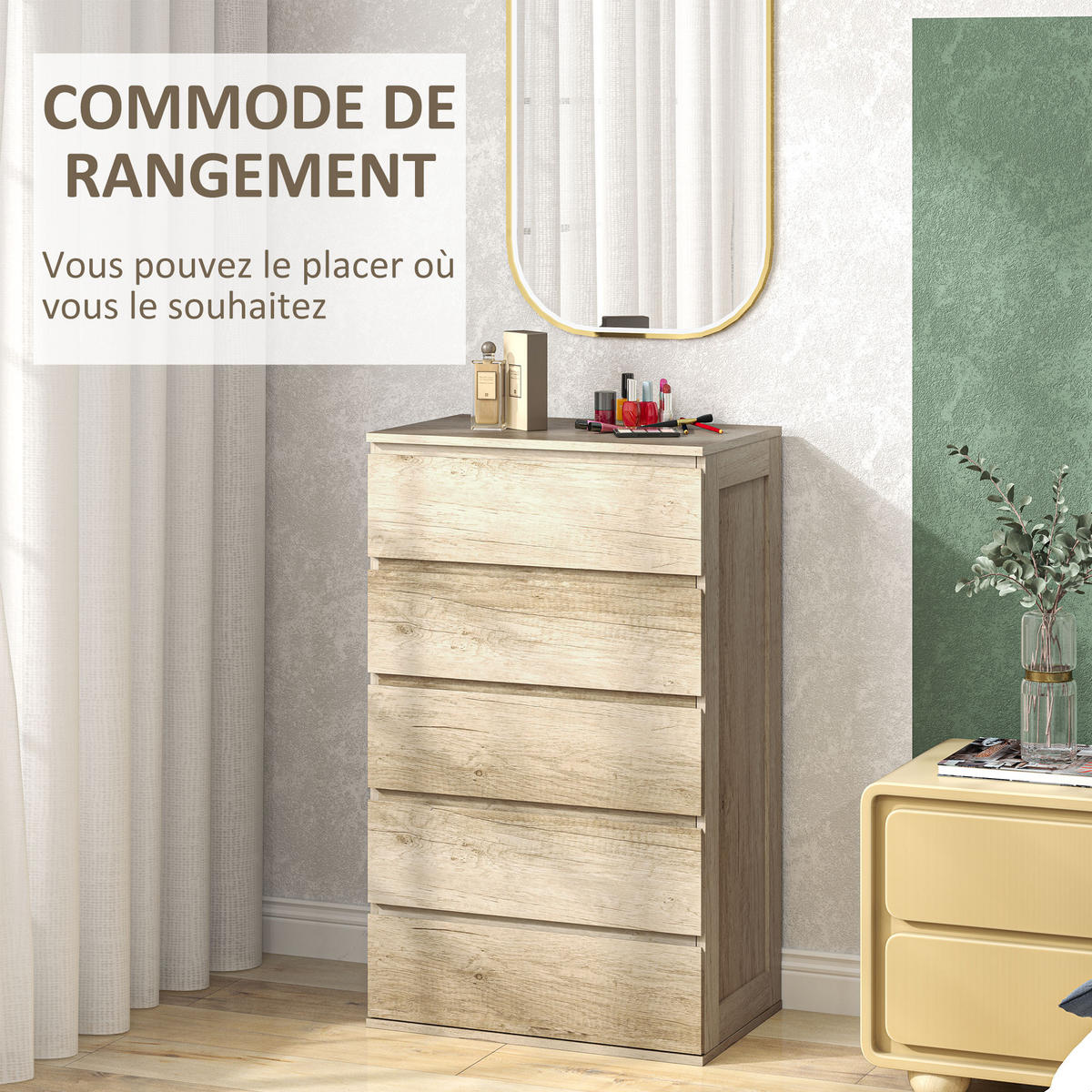 KOMOODE DE-12864 5 Schubladen, grifflos, minimalistisch Naturholz - Naturfarben, Holzwerkstoff (60/100/39cm) - ComfortXL