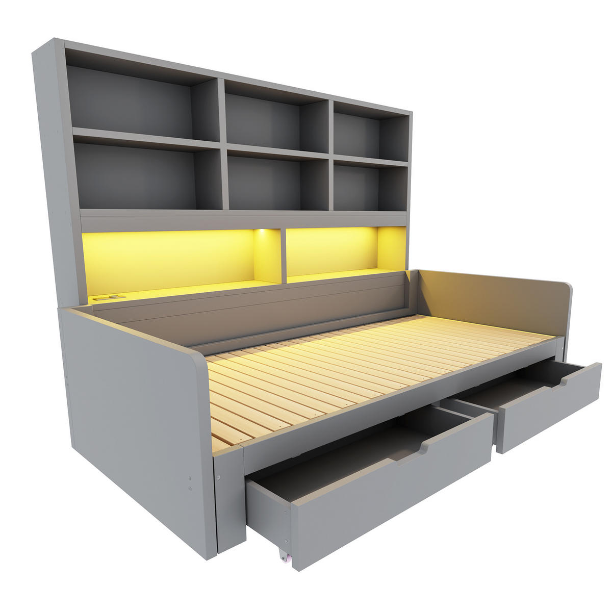 AUSZIEHBETT 90/180/200 cm mit Stauraum und LED, DE-41639, in Grau - Grau, Holzwerkstoff (90/200cm) - ComfortXL