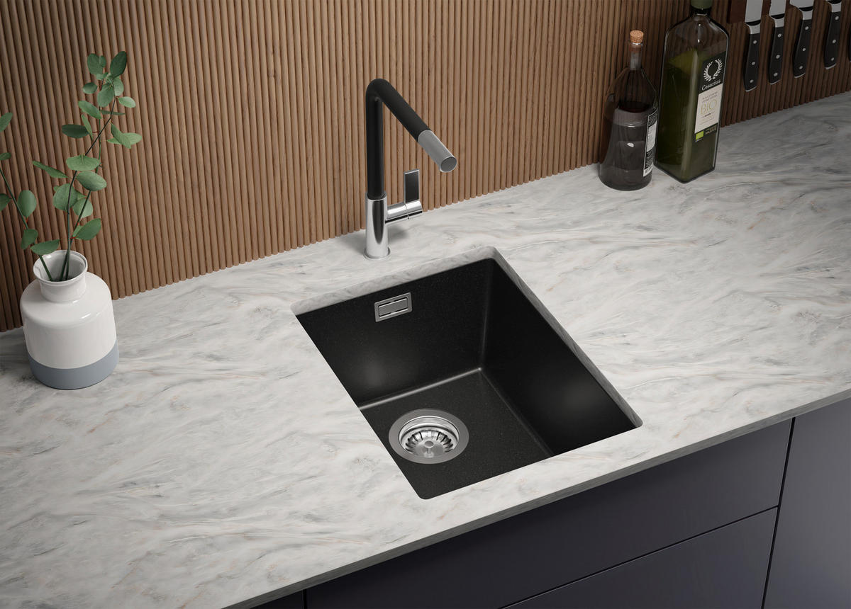 UNTERBAUSPÜLE GRANIT London, 2-er set Schwarz 36/47 cm 1 Becken + Ablauf-Set ab 40er Unterschrank - Chromfarben/Schwarz, Kunststoff (36/20/47cm) - Primagran