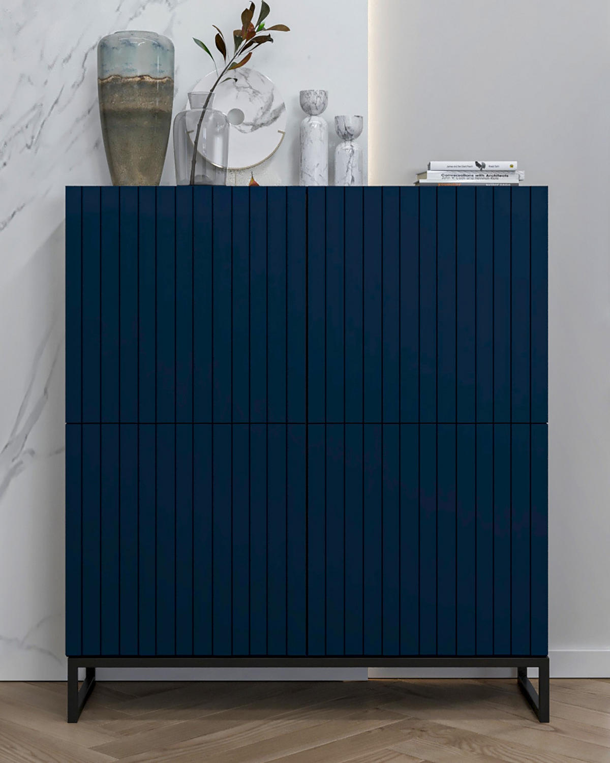 KOMMODE Elpis 4D Marineblau Matt mit metallrahmen Glamour 112 cm - Blau/Schwarz, Holzwerkstoff/Metall (112/126/36.5cm) - Meble Lindner