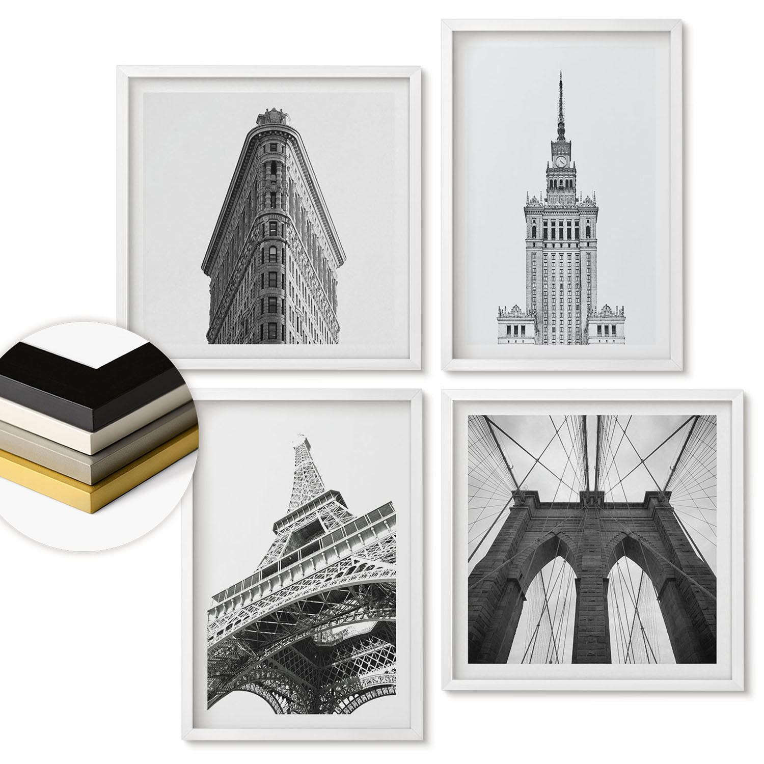 WANDBILDER 4er-Set - 50x50 cm & 40x60 cm Weißer Rahmen - Architektur Schwarz-Weiß-Minimalismus - Weiß, Kunststoff (50/50cm) - ArtPrintCave