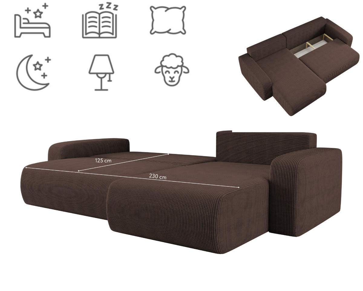 SCHLAFSOFA MILANO XL und bettkasten stoff Poso Dicker Cord Braun Rechts - Braun, Holz (274/82/145cm) - Kaiser Möbel