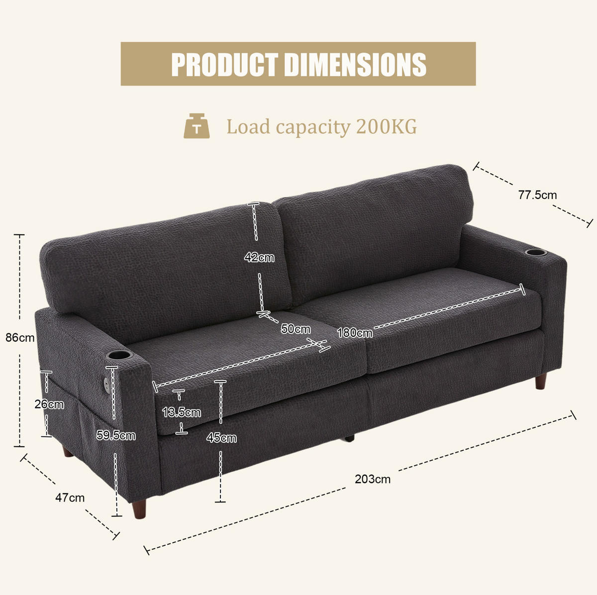 2-SITZER-SOFA aus Chenille 203x77,5x86 cm Dunkelgrau mit USB-C, LED, Getränkehaltern und Seitentaschen - Dunkelgrau, Textil (77.5/86/203cm) - Modfu