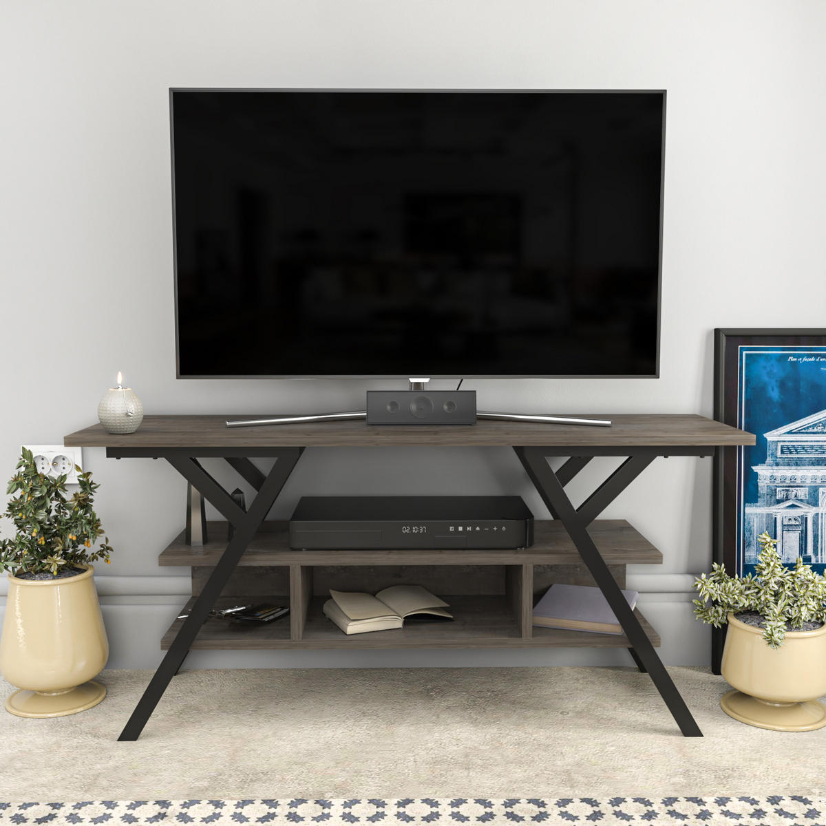 TV Stand Minerva Schwarz und Wenge - Braun, Holzwerkstoff (120/55/35cm) - Decorotika