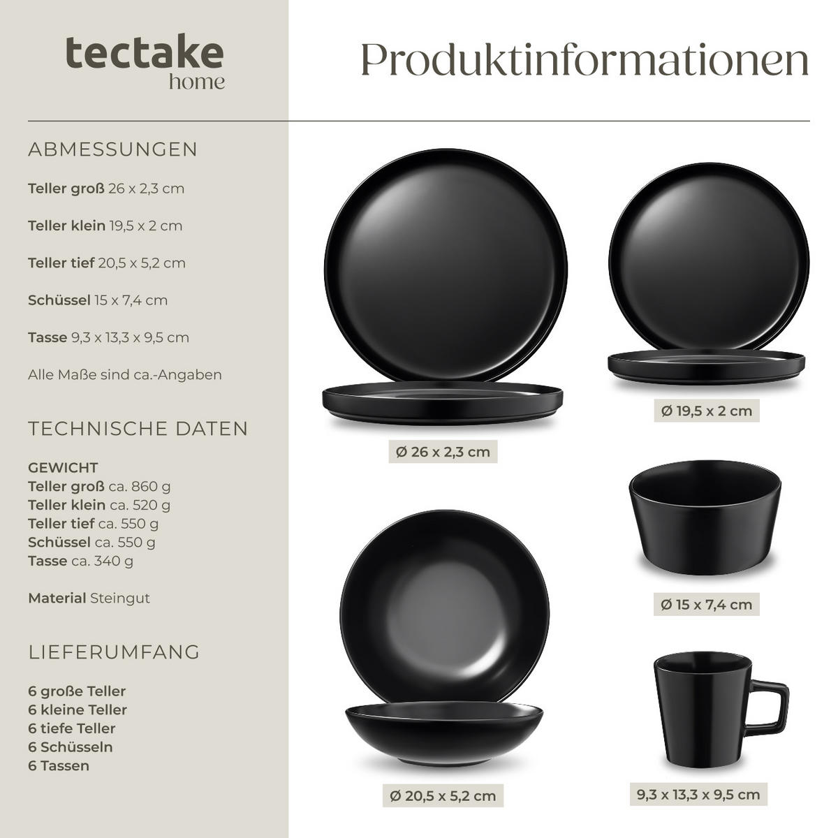 GESCHIRRSET Una,ineinander stapelbar,schwarz - Schwarz, Keramik (26/2.3/26cm) - tectake